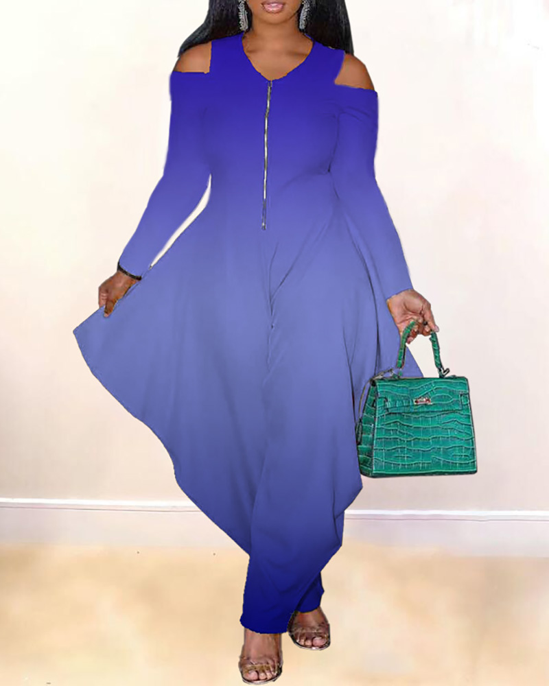 

Cold Shoulder Zipper Design Ombre Colorblock Harem Jumpsuit, Blue