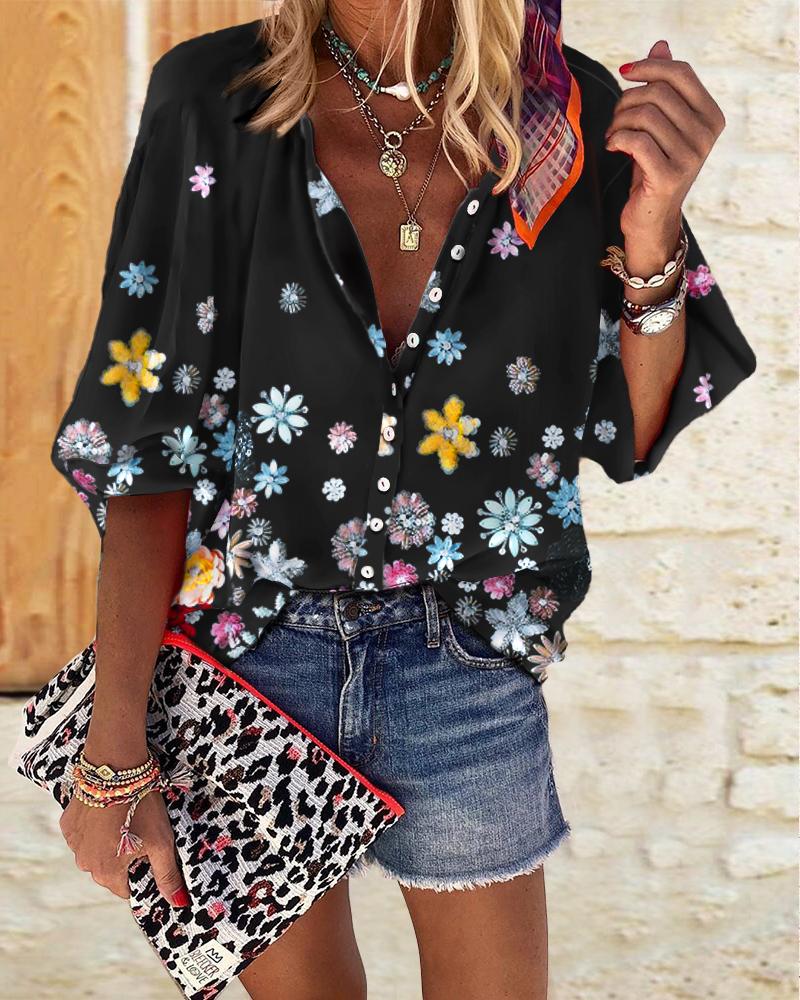 

Floral Print Lantern Sleeve Button Down Shirt, Black