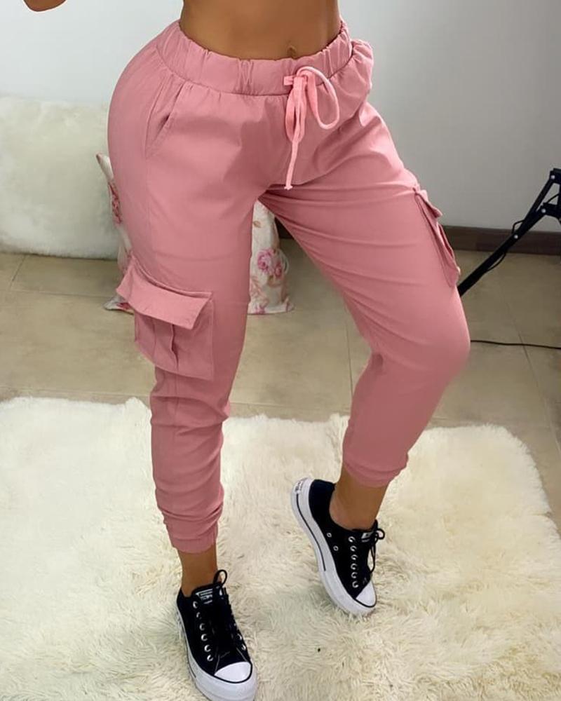 

Drawstring Pocket Design Solid Cargo Pants, Pink