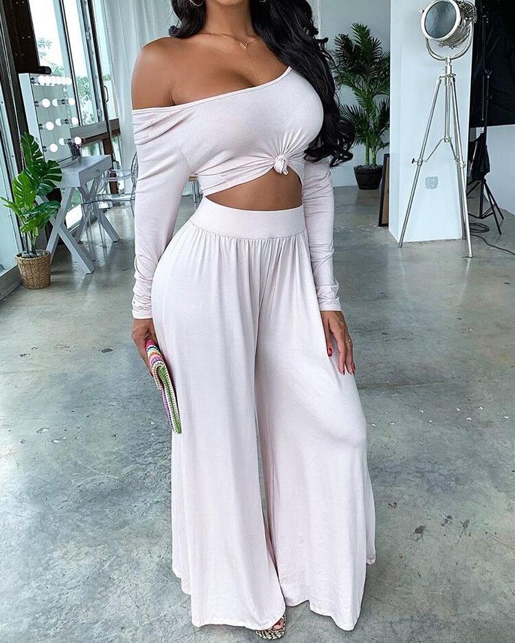 

Long Sleeve Top & Wide Leg Pants Set, Beige