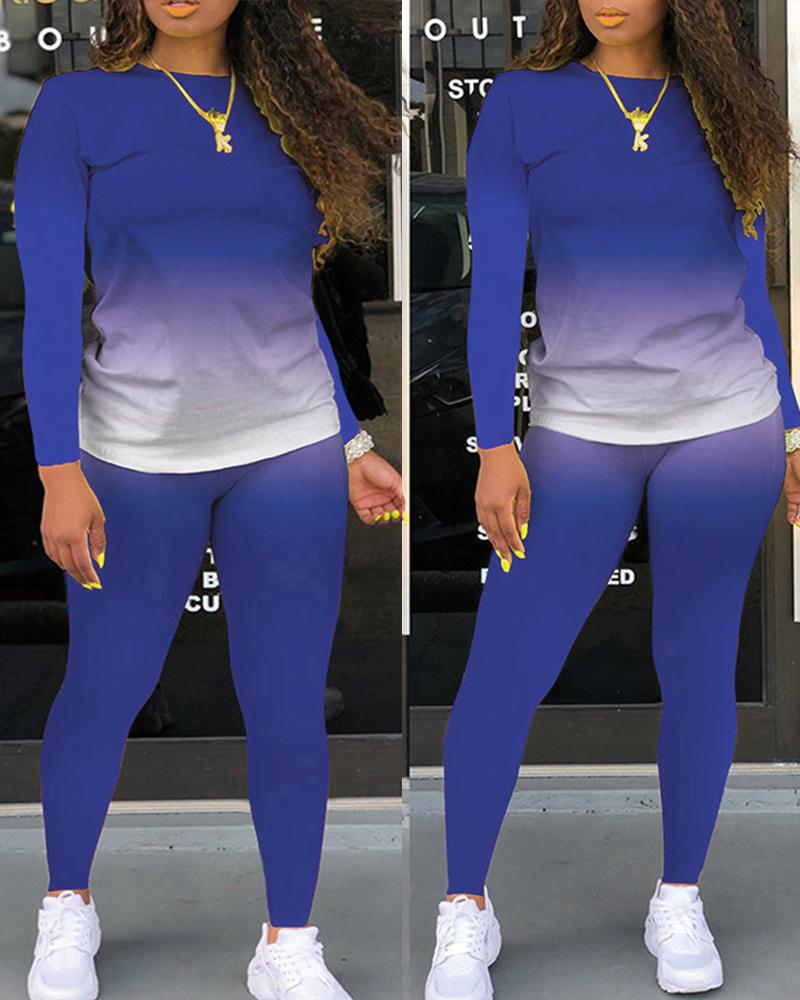 

Gradient Color Long Sleeve Pajamas Set, Dark blue
