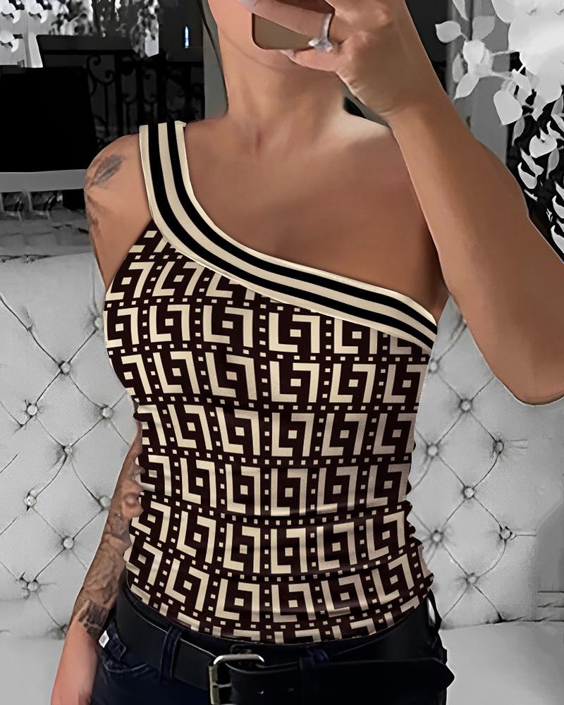 

Striped Tape Patch Geometric Print Tank Top, Apricot