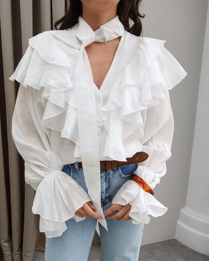 

Asymmetrical Ruffles V Neck Tied Detail Blouse Casual Long Sleeve Loose Fit Top, White