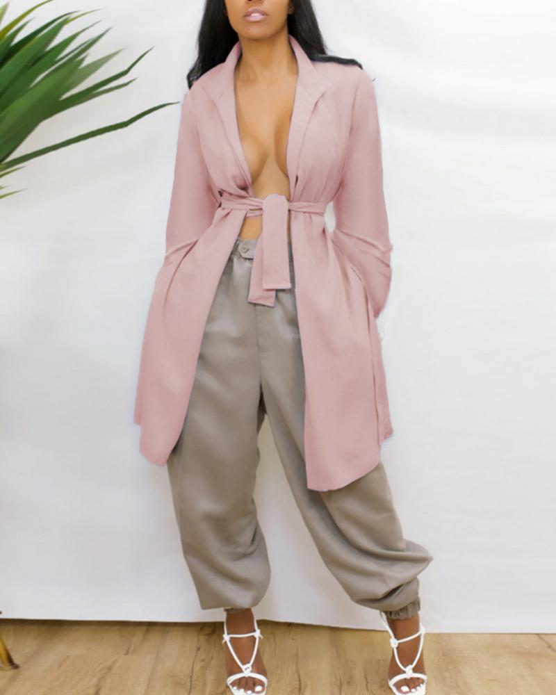 

Solid Open Back Belted Trench Coat, Pink