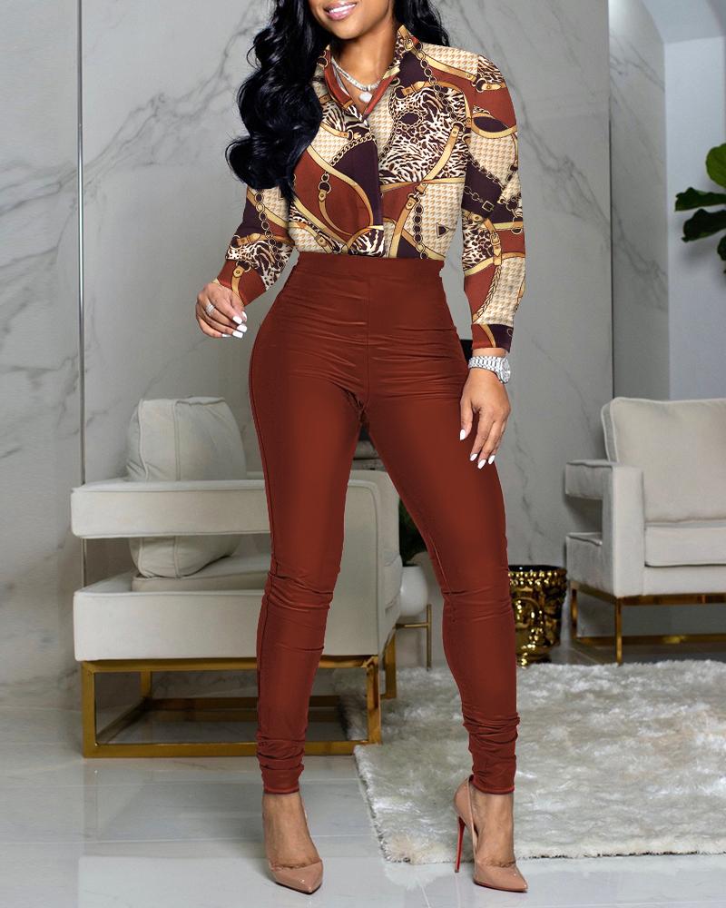 

Scarf Houndstooth Cheetah Print Shirt & High Waist Pants Set, Brown