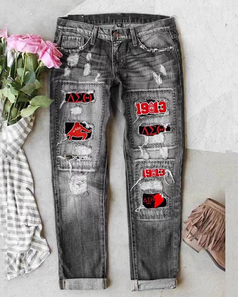 

Letter Graphic Pattern Ripped High Waist Jeans, Black