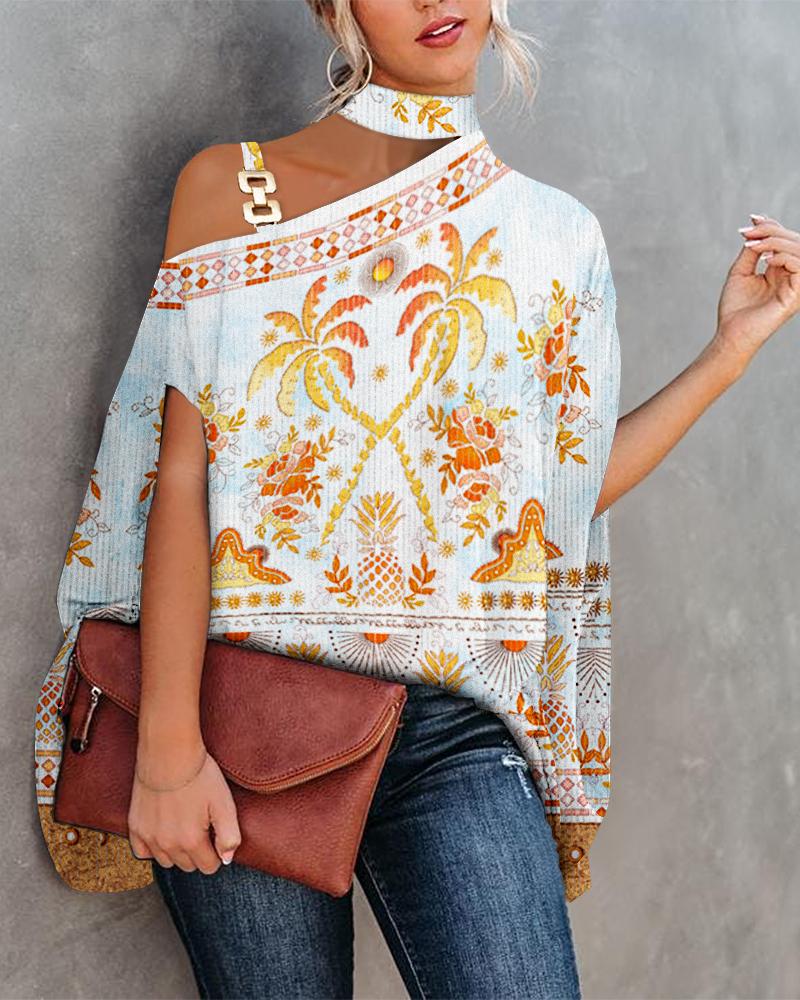

Coconut Tree Tribal Print Chain Decor Cold Shoulder Top, Multicolor