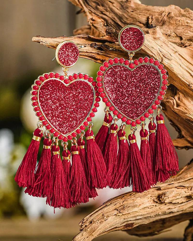

1Pair Valentine's Day Glitter Tassel Love Heart Drop Earrings, Red