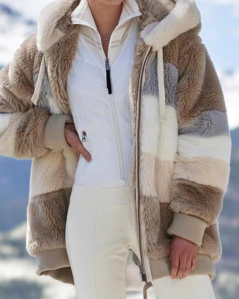 

Colorblock Long Sleeve Hooded Teddy Coat, Khaki