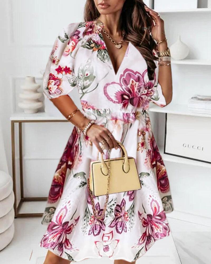 

Floral Print V-Neck Casual Dress, White