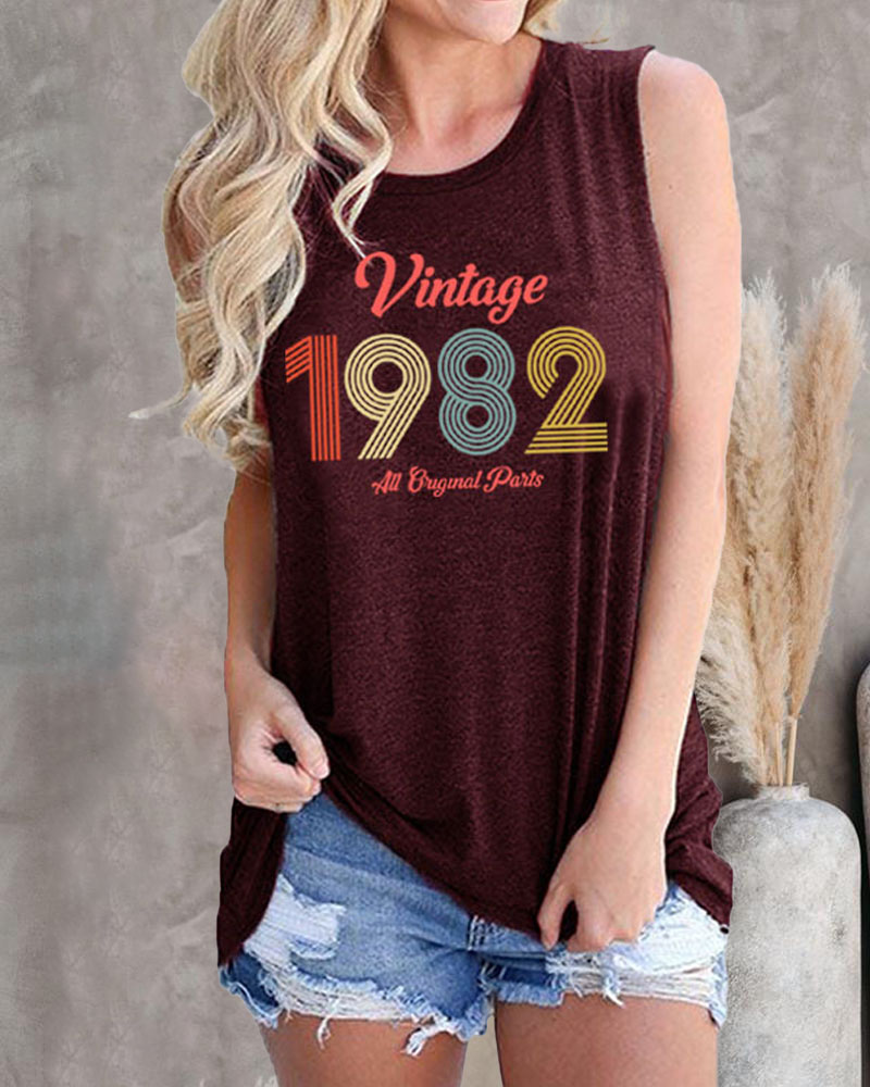 

Letter Print Casual Tank Top, Wine red