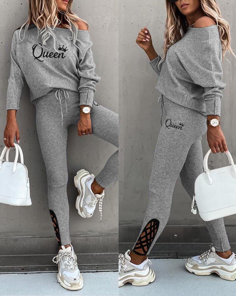 

Letter Crown Print Batwing Sleeve Top & Ribbed Pants Set, Gray
