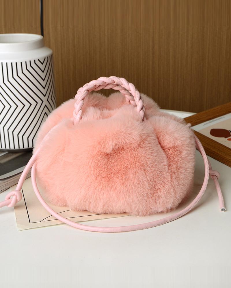 

Fluffy Braided Top Handle Magnetic Shoulder Bag, Pink