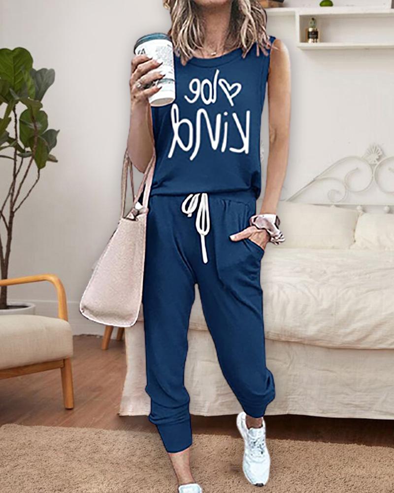 

Letter Print Tank Top & Drawstring Pants Set, Blue