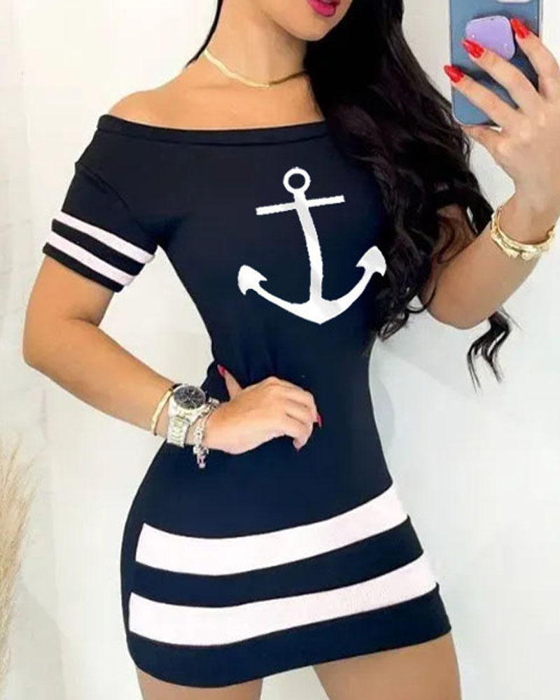 

Anchor Print Off Shoulder Bodycon Dress, Purplish blue