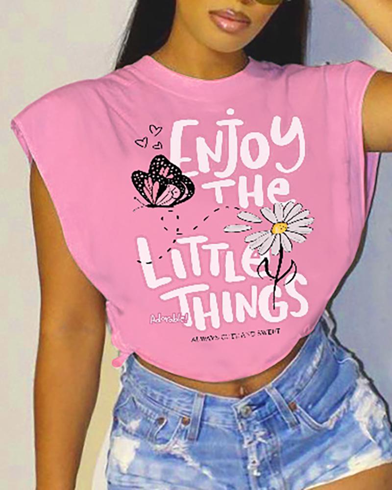 

Butterfly Letter Print Cap Sleeve T-shirt, Pink