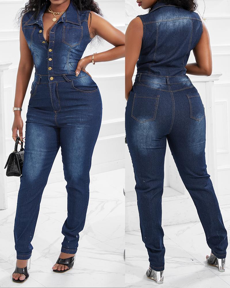 

Buttoned Pocket Design Sleeveless Denim Jumpsuit, Blue