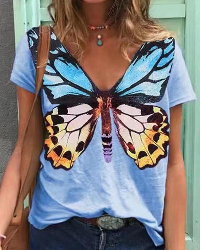 

Short Sleeve Butterfly Print Casual T-shirt, Blue