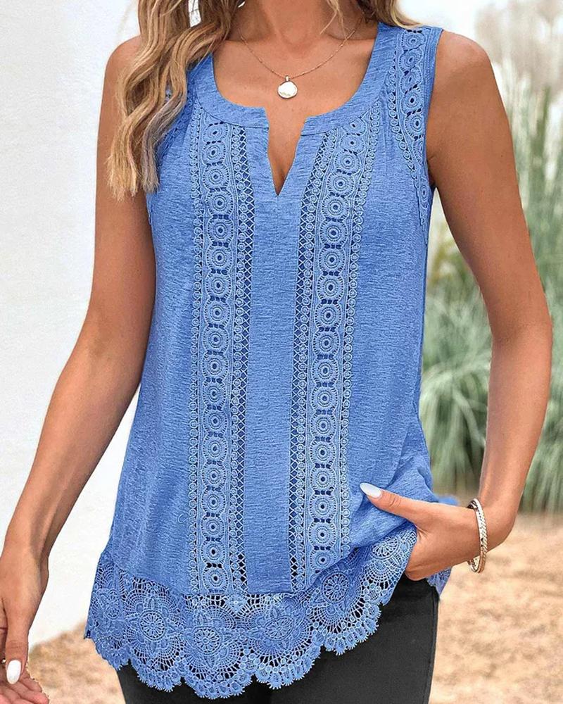 

Notch Neck Lace Patch Tank Top, Blue