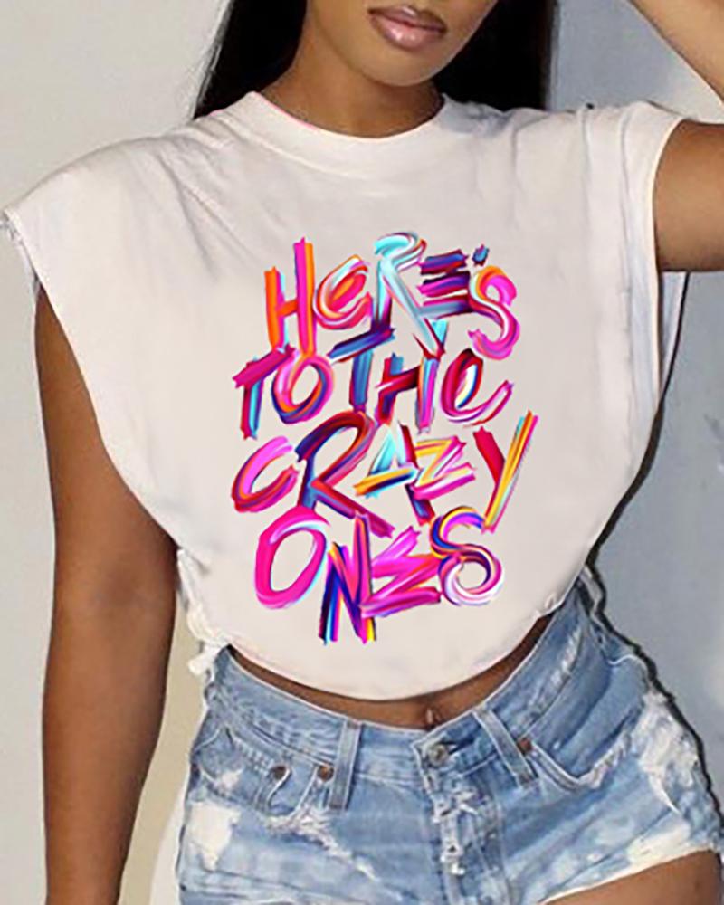 

Letter Print Cap Sleeve T-shirt, White