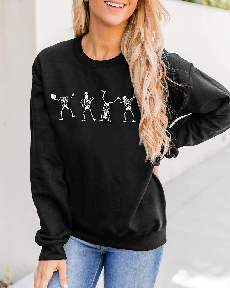 

Halloween Skull Skeleton Print Long Sleeve Sweatshirt, Black