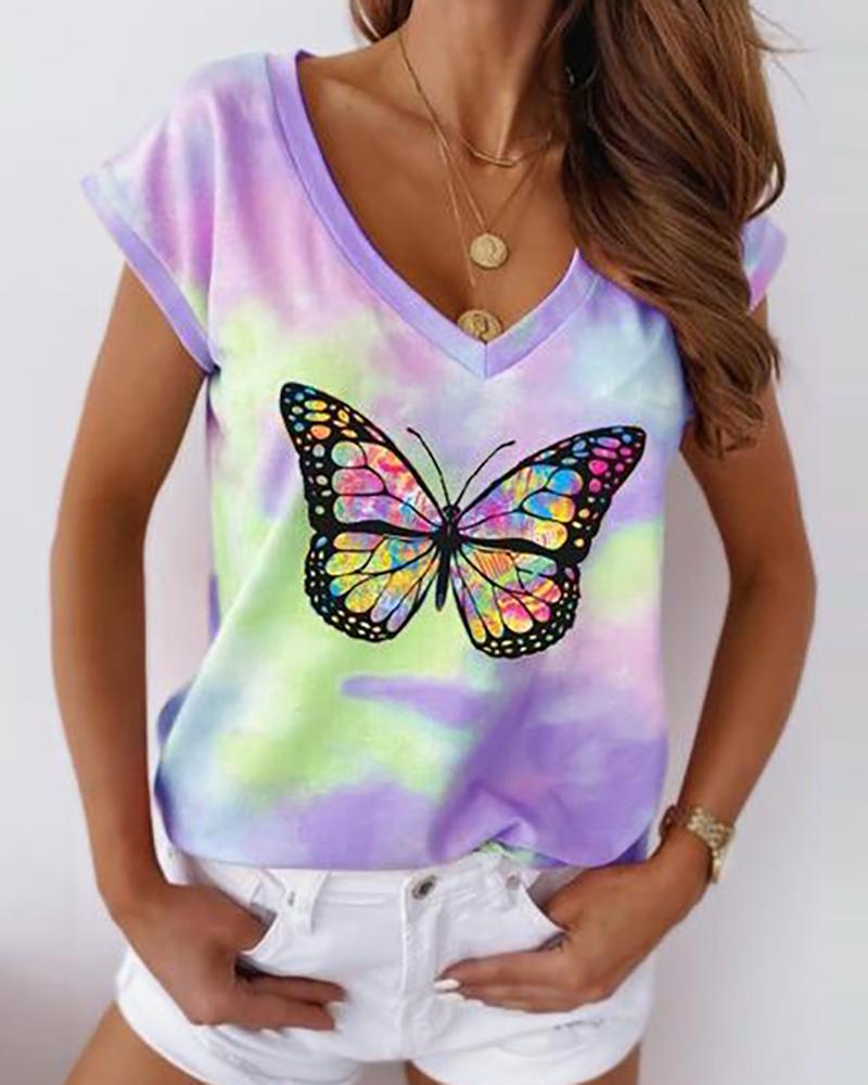 Butterfly Tie Dye Print Short Sleeve Casual T-shirt