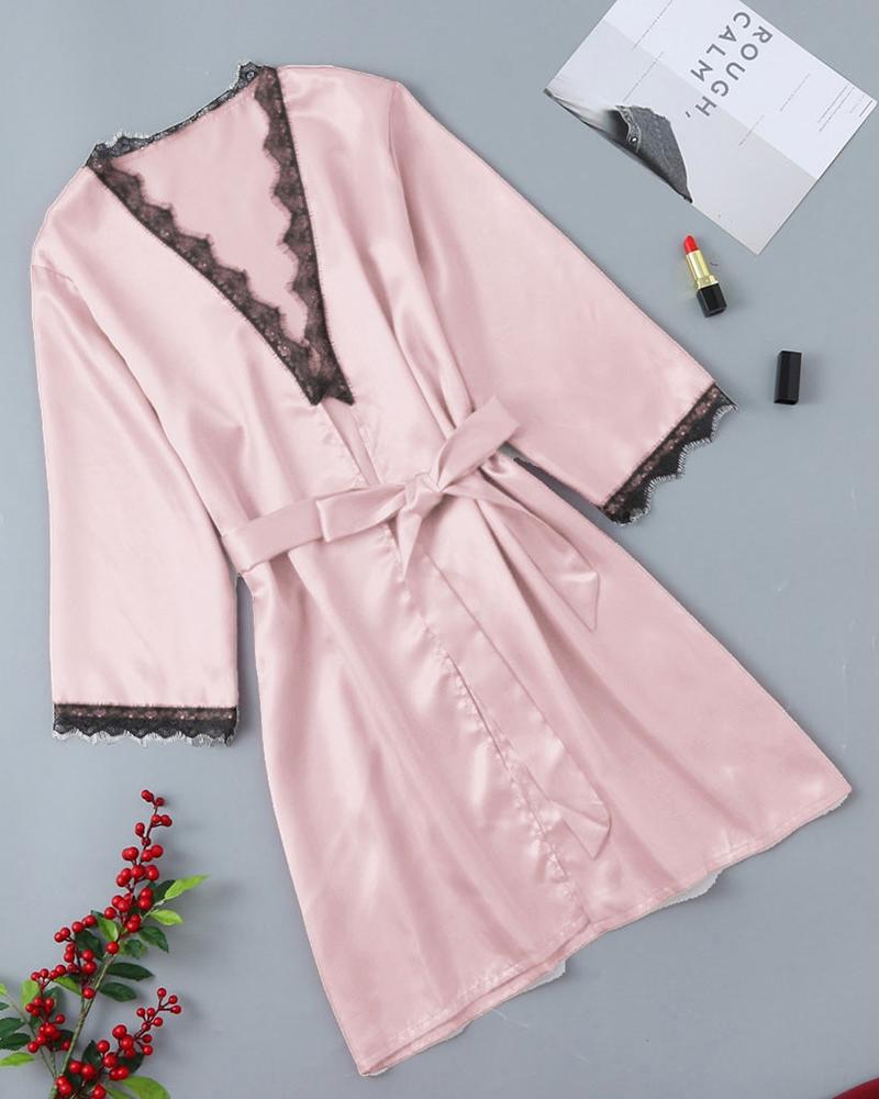 

Lace Trim Long Sleeve Robe, Pink