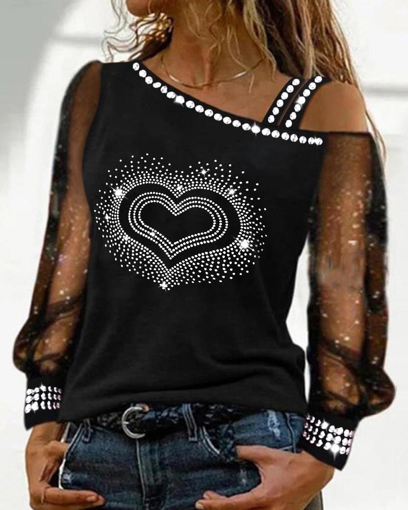 

Rhinestone Heart Pattern Contrast Mesh Cold Shoulder Top, Black