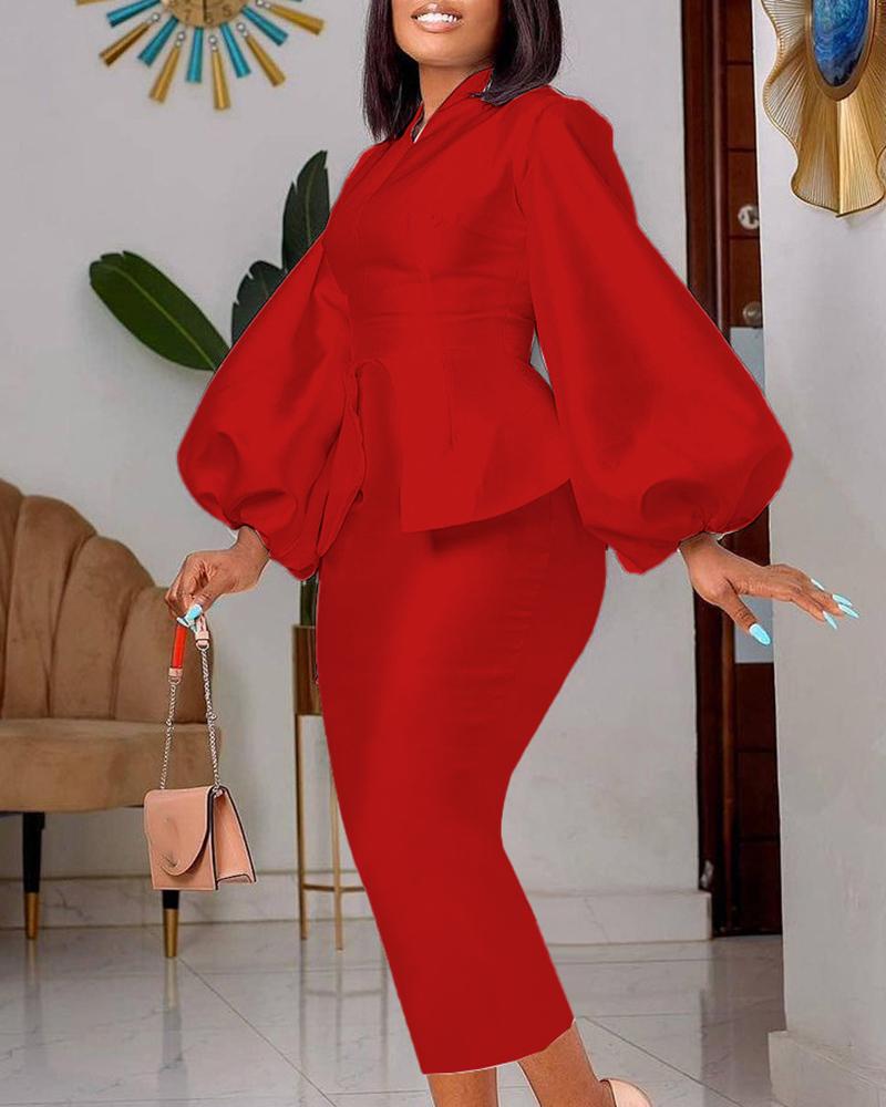 

Lantern Sleeve Slit Party Dress, Red