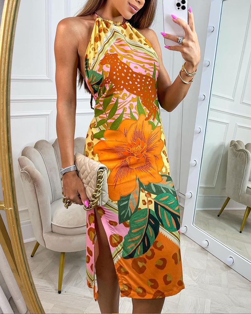 

Tropical Leopard Print Halter Backless Slit Dress, Multicolor