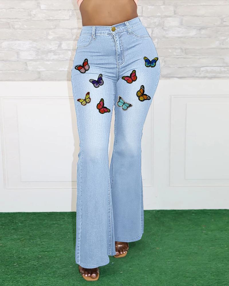 

Zipper Fly Butterfly Patch Flare Leg Jeans, Lighted blue