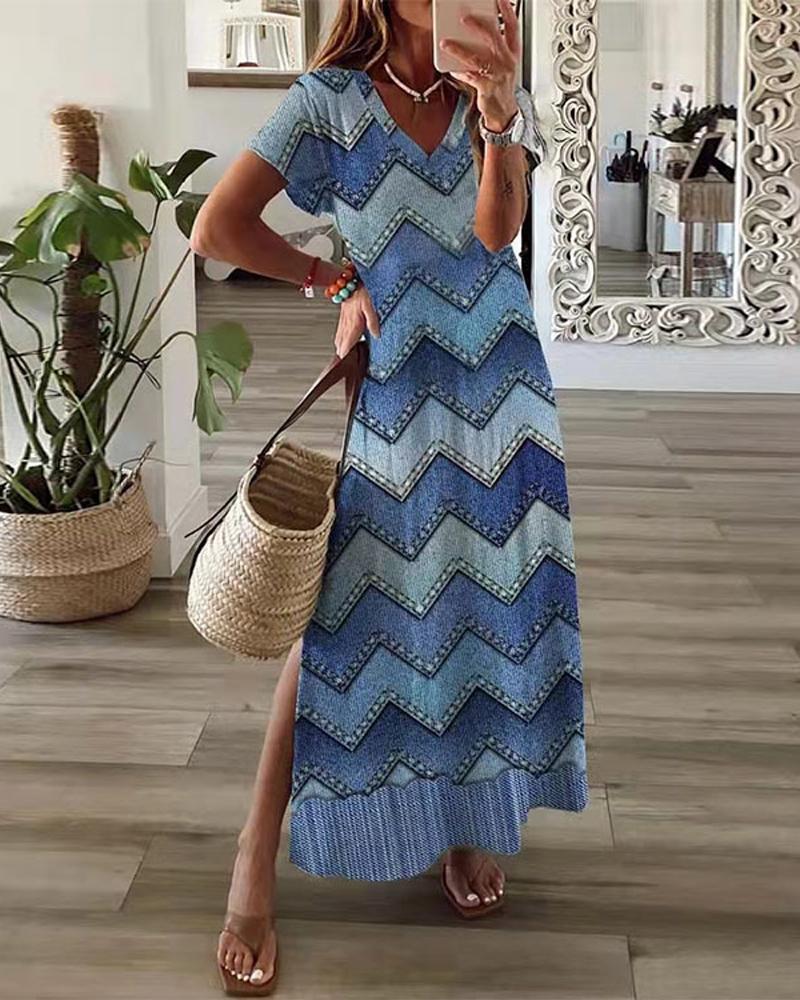 

Chevron Print Split Hem Maxi Dress, Blue