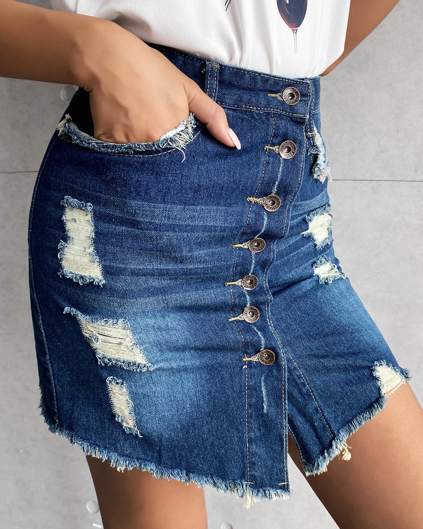 

Distressed Button Detail Mini Skirt, Dark blue