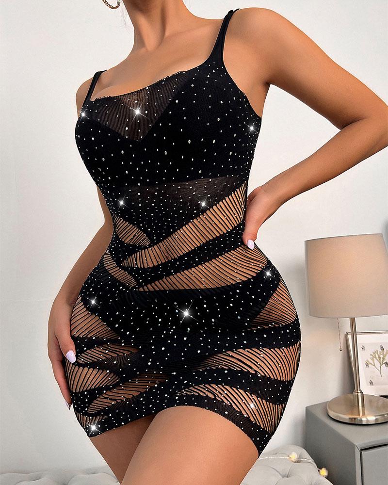 

Rhinestone Decor Hollow Out Babydoll, Black