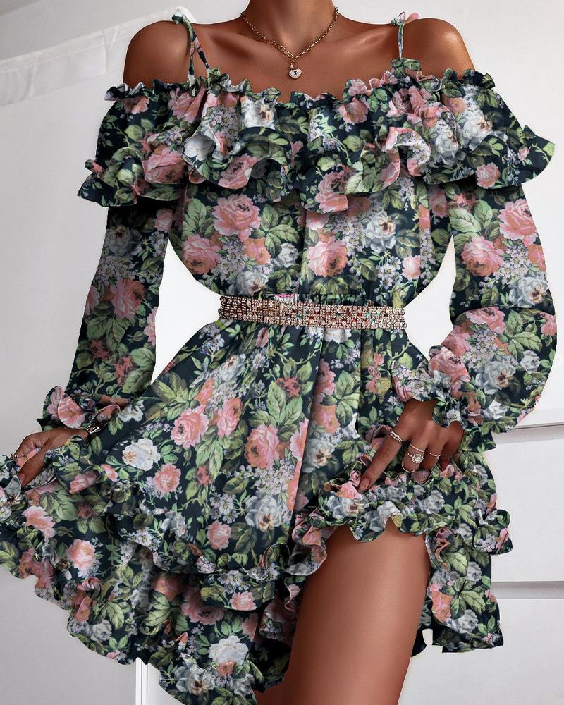 

Off Shoulder Cami Ruffles Floral Print Dress, Black