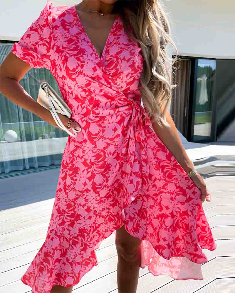 

Floral Print Short Sleeve Loose Midi Dress, Hot pink