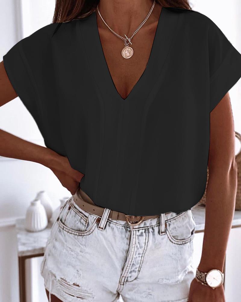 

V-Neck Short Sleeve Plain T-shirt, Black