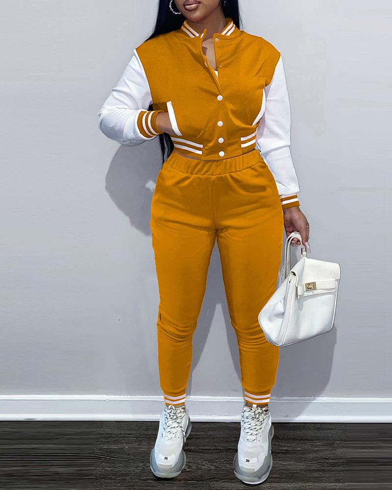 

Colorblock Striped Baseball Jacket & High Waist Pants Set, Yellow