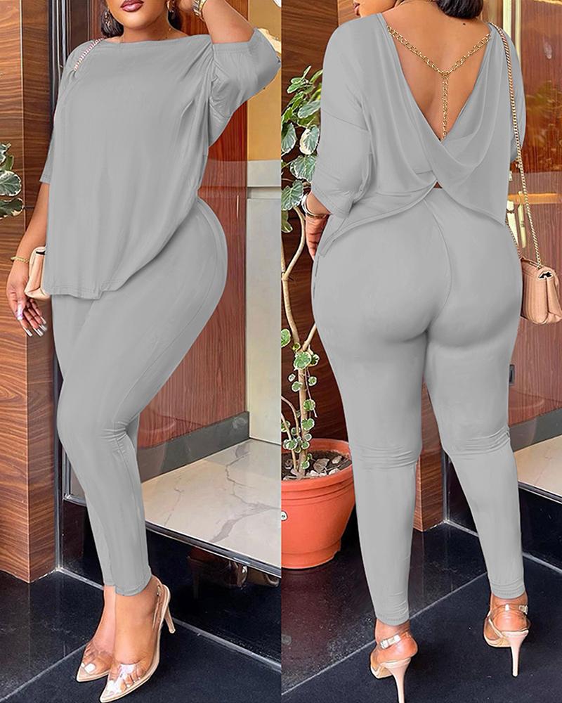 

Twisted Backless Chain Decor Top & Pants Set, Gray