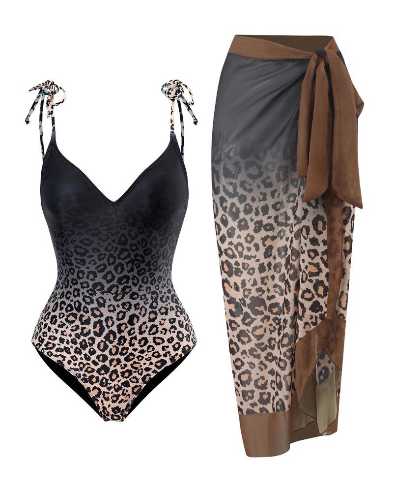 

Leopard Ombre Print One-Piece Swimsuit With Cover Up