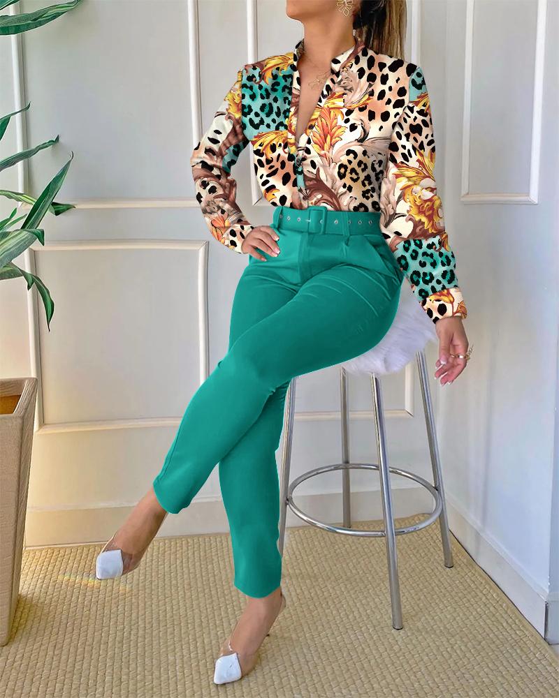 

Leopard Print Long Sleeve Top & Pants Set With Belt