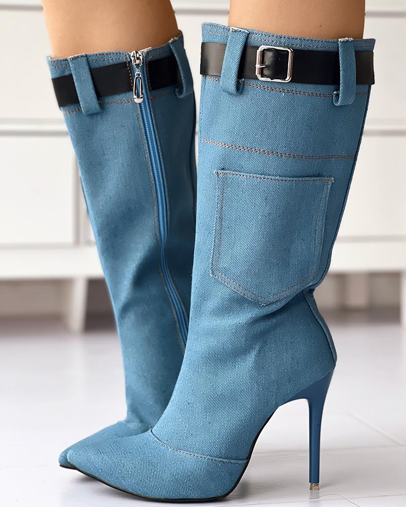 

Denim Pocket Design Calf Boots With Buckled Belt, Blue