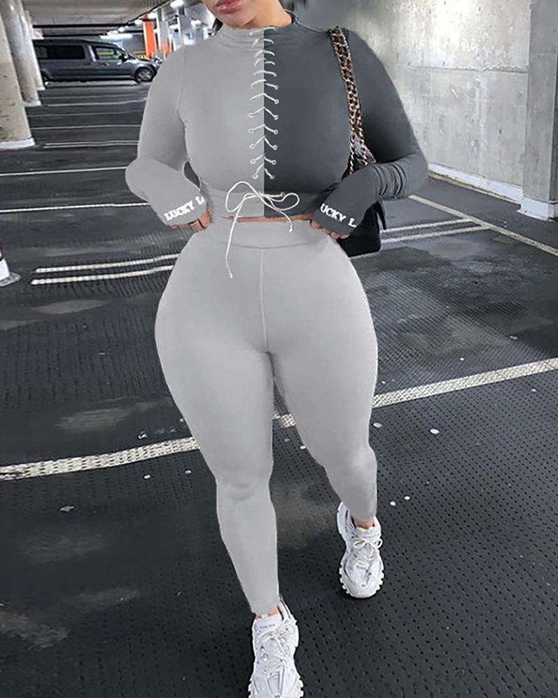 

Eyelet Lace-up Colorblock Crop Top & High Waist Pants Set, Gray