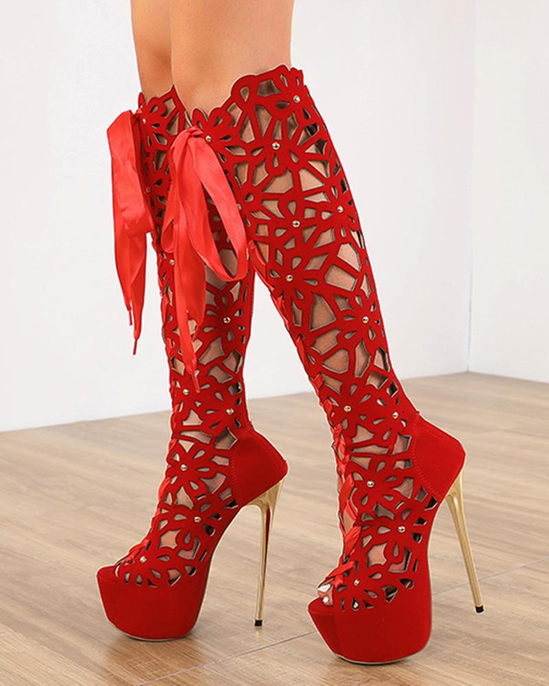 

Hollow Out Floral Pattern Stiletto Heel Knee-high Boots, Red