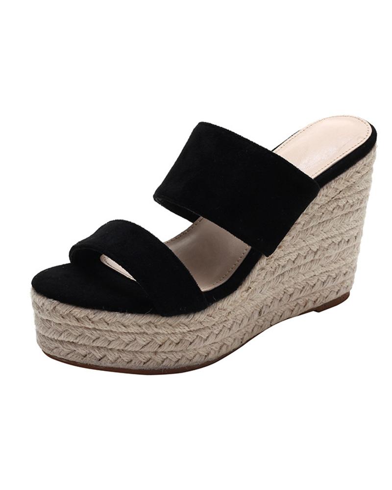 

Round-toe Double Strap Suede Leather Wedge Shoes, Black