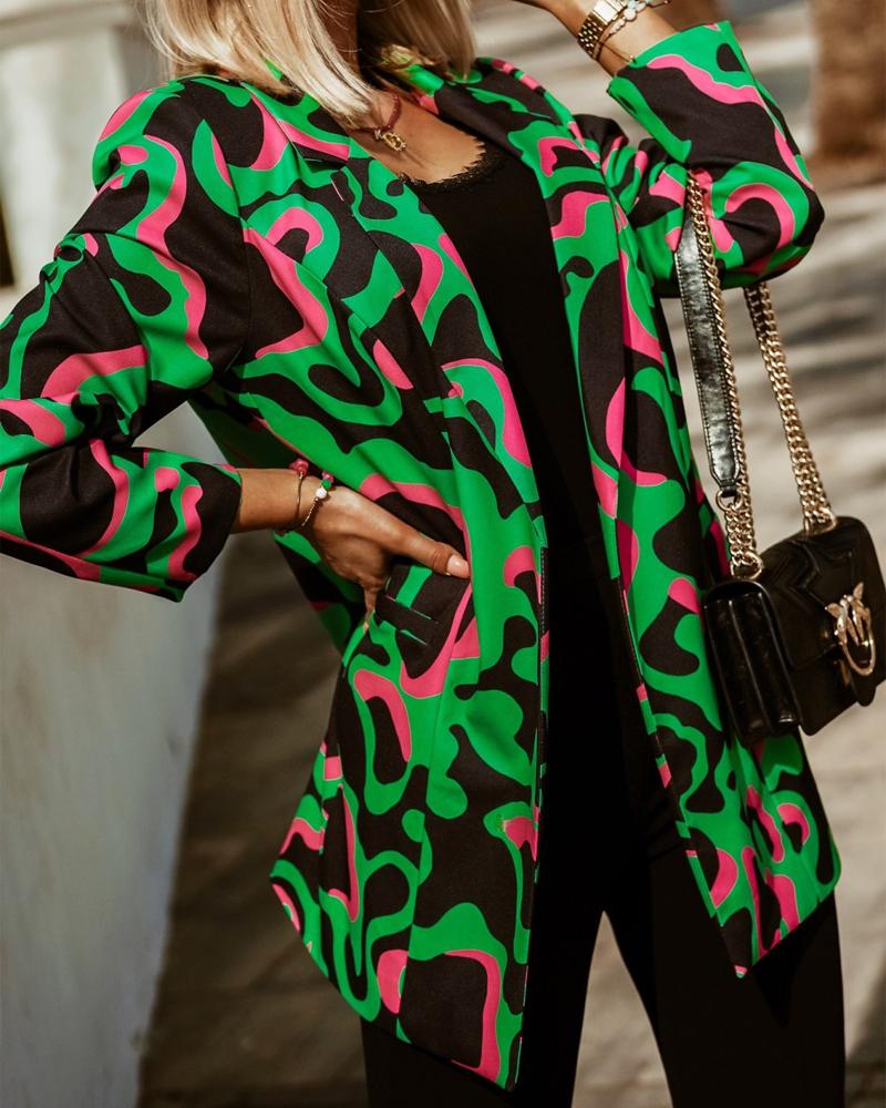 

Allover Print Long Sleeve Blazer, Green