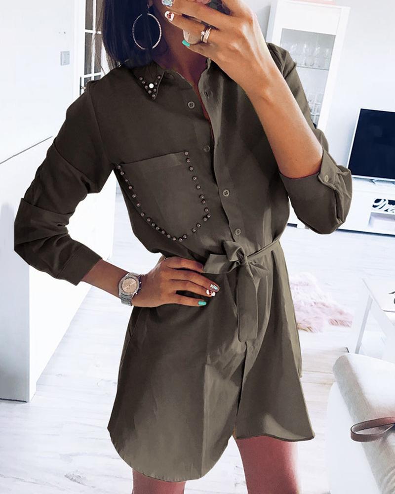 

Solid Beaded Design Tied Waist Shirt Dress, Army green