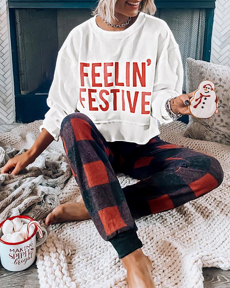 

Christmas Batwing Sleeve Letter Plaid Print Pajamas Set, Red