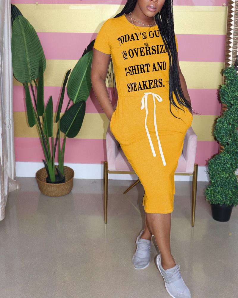 

Letter Print Split Hem Drawstring Casual Dress, Yellow