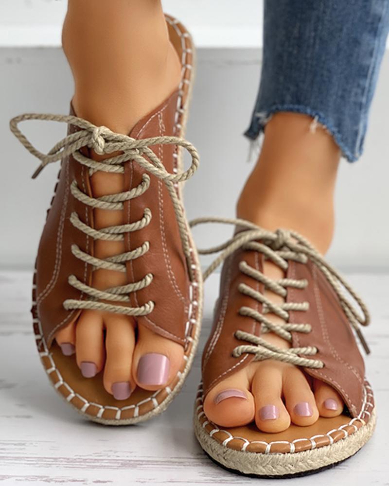 

Eyelet Lace-up Woven Flax Flat Sandals, Brown